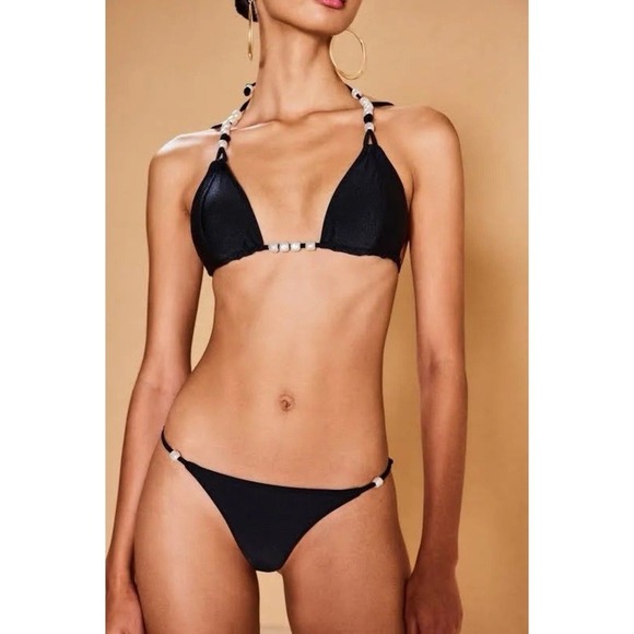 Cult Gaia Anoki Bikini Bottom NEW Black Women's Size Large Pearl Detail Beach - Picture 1 of 7